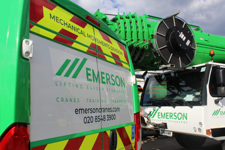 Emerson Crane's van and crane parked up next to each other